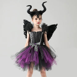 Girls Maleficent Tutu Dress + Headband & Horns - Evil Witch Queen Costume - Birthday, Party, Photo Shoot - All Accessories Included - Lilas Closet