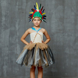 Girls Indian Pocahontas Tutu Dress - Kids Pocahontas Costume - Indian Birthday Party Fancy Dress - Native American + Feather Headpiece - Lilas Closet