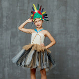 Girls Indian Pocahontas Tutu Dress - Kids Pocahontas Costume - Indian Birthday Party Fancy Dress - Native American + Feather Headpiece - Lilas Closet