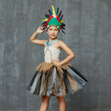 Girls Indian Pocahontas Tutu Dress - Kids Pocahontas Costume - Indian Birthday Party Fancy Dress - Native American + Feather Headpiece - Lilas Closet