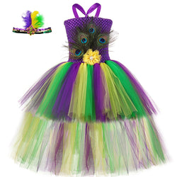 Girls Peacock Feathers Tutu Dress with Tail - Kids Carnival Peacock Costume - Tutu-Dresses.com