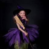 Purple Black Girls Witch Tutu Dress with Hat Kids Halloween Cosplay Witch Costume Clothes Tulle Fancy Girls Carnival Party Dress - Tutu-Dresses.com