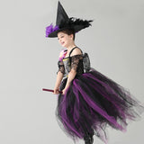 Girls Wicked Witch Halloween Costume - Purple Black Fairy tale Witch Tutu Dress - Kids Purple Black Carnival Dress + Feather Hat Included - Lilas Closet