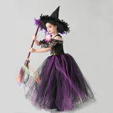 Girls Wicked Witch Halloween Costume - Purple Black Fairy tale Witch Tutu Dress - Kids Purple Black Carnival Dress + Feather Hat Included - Lilas Closet