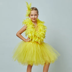 Kids Yellow Chicken Feather Tutu Dress - Girls Feather Tutu Dress with Hair Clip - Chicken Costume - Halloween Costume - Kids Bird Party - Lilas Closet
